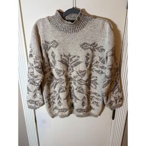 Vintage Castle Square Mock Neck Sweater Made in USA Marled Knit Cream Brown L
